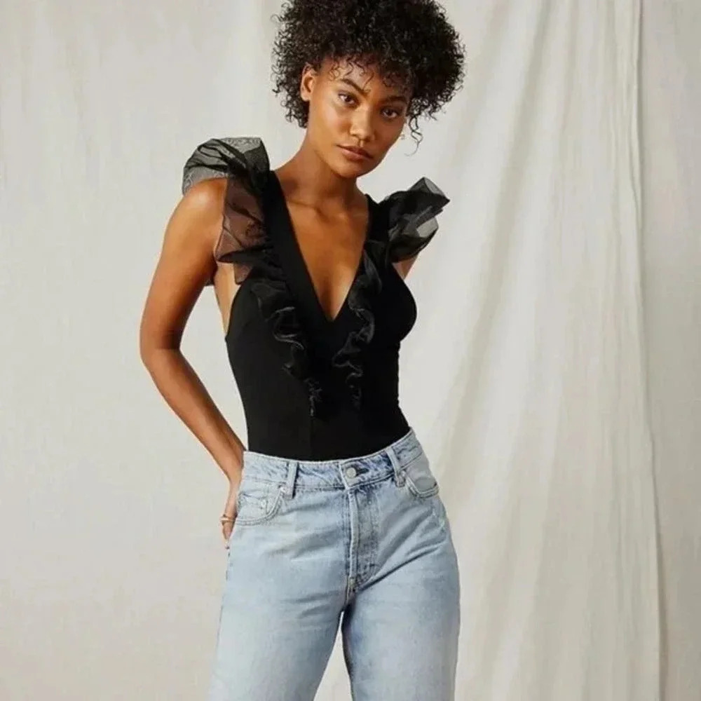 Intimately by Free People Women's Black Paper Planes Bodysuit Size SP
